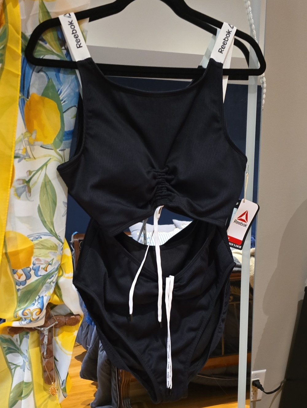 Reebok Black One-Piece Swimsuit with White Logo Straps and Front Tie